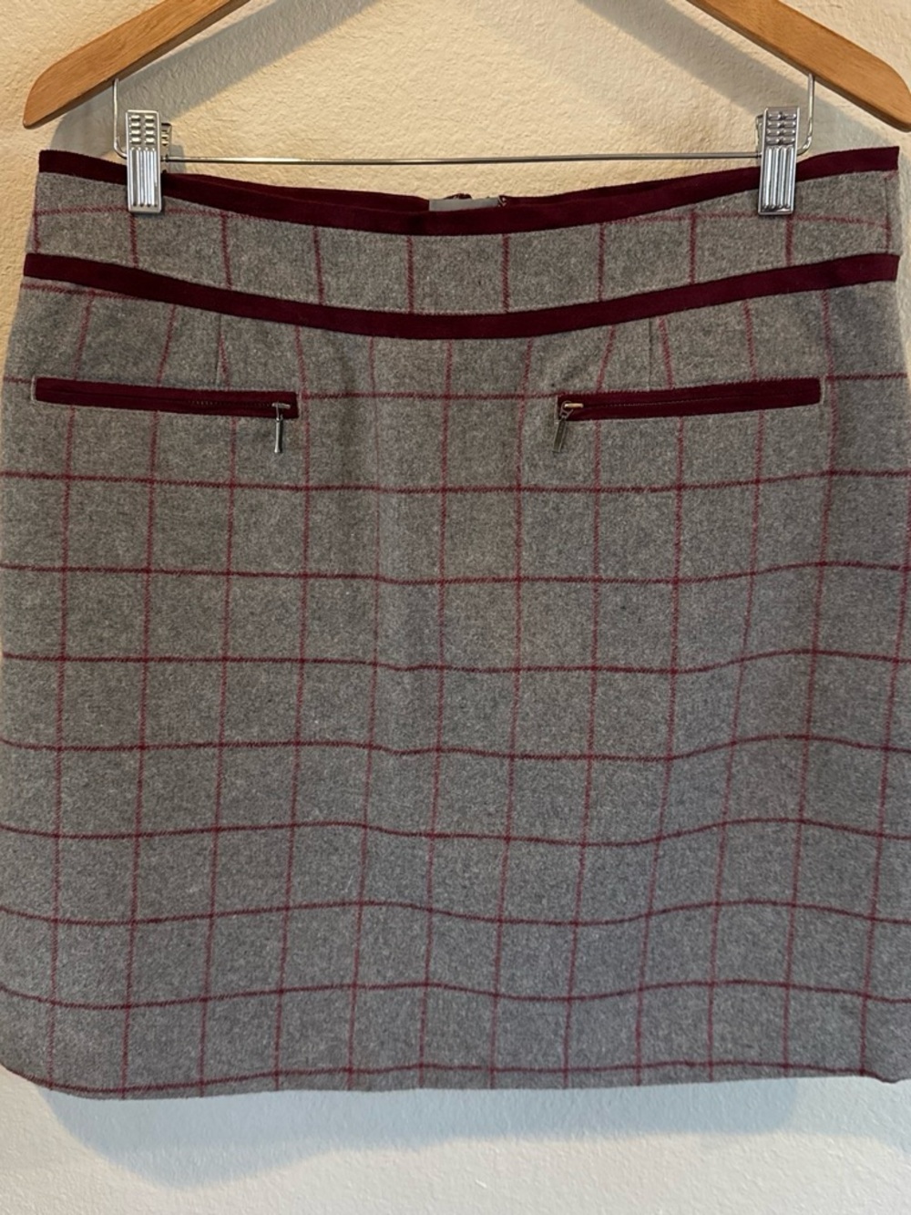 Gray Windowpane Mini Skirt with Burgundy Trim